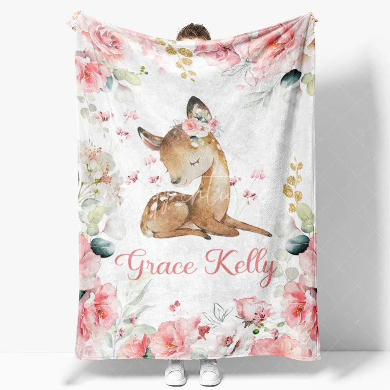 Aperturee - Aperturee Personalized Name Blanket for Girl Custom Baby Blanket with Fawn Pink Rose Floral Woodland Nursery Decor