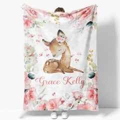 Aperturee - Aperturee Personalized Name Blanket for Girl Custom Baby Blanket with Fawn Pink Rose Floral Woodland Nursery Decor