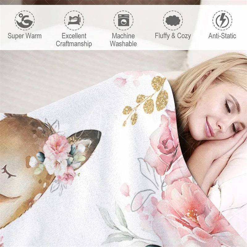 Aperturee - Aperturee Personalized Name Blanket for Girl Custom Baby Blanket with Fawn Pink Rose Floral Woodland Nursery Decor