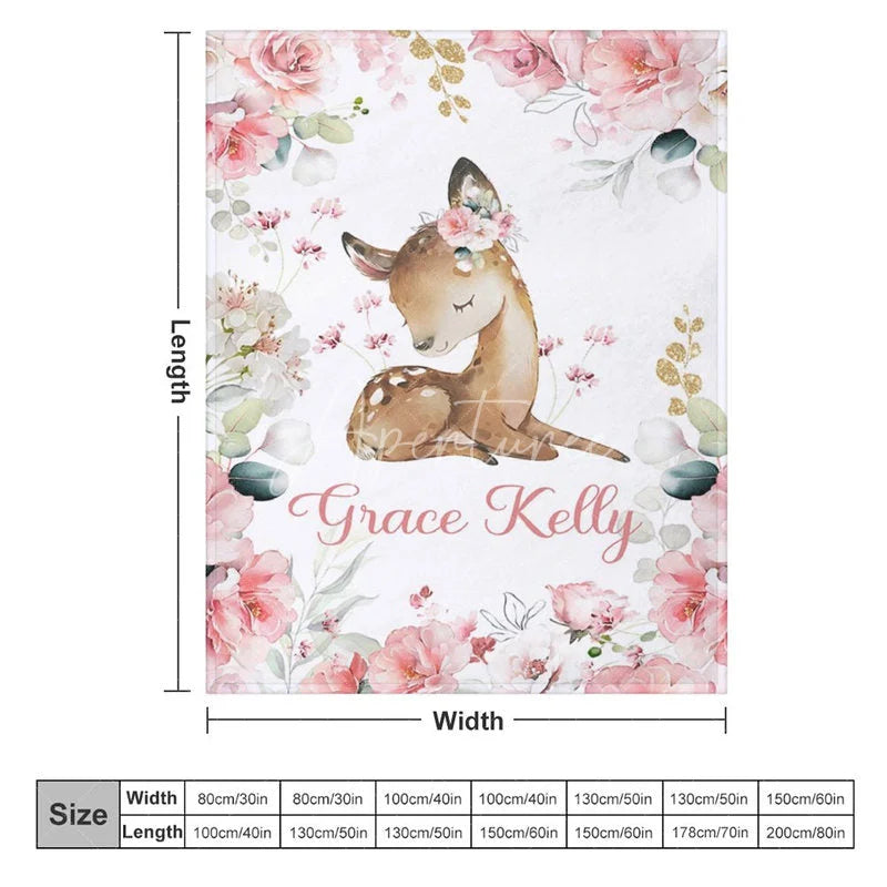 Aperturee - Aperturee Personalized Name Blanket for Girl Custom Baby Blanket with Fawn Pink Rose Floral Woodland Nursery Decor