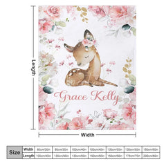 Aperturee - Aperturee Personalized Name Blanket for Girl Custom Baby Blanket with Fawn Pink Rose Floral Woodland Nursery Decor