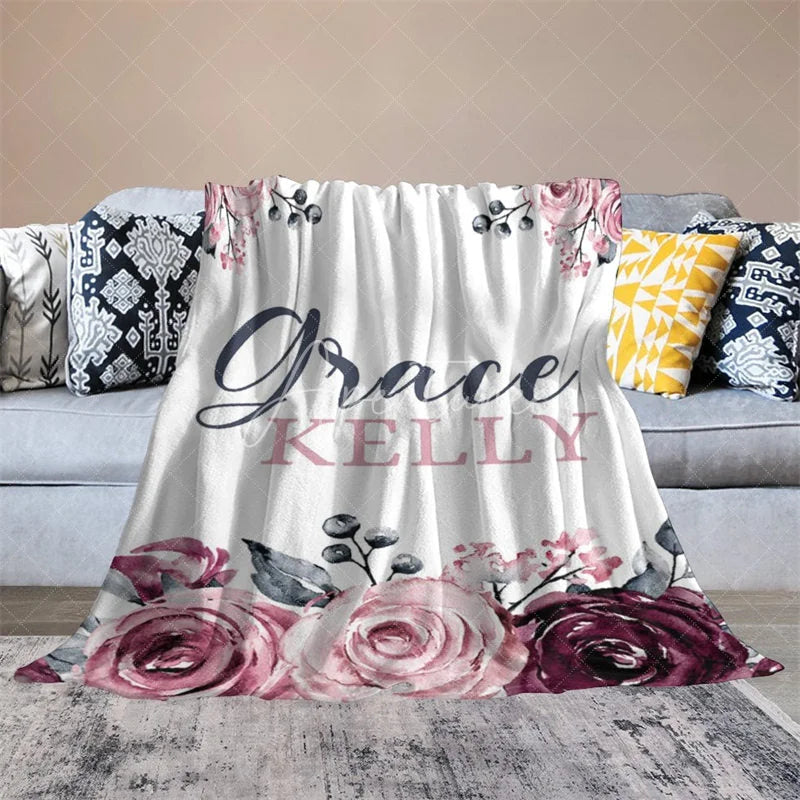 Aperturee - Aperturee Personalized Name Blanket for Girl Custom Baby Blanket with Maroon Rose Pink Floral Nursery Decor Swaddle