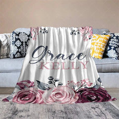 Aperturee - Aperturee Personalized Name Blanket for Girl Custom Baby Blanket with Maroon Rose Pink Floral Nursery Decor Swaddle