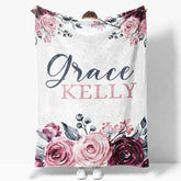 Aperturee - Aperturee Personalized Name Blanket for Girl Custom Baby Blanket with Maroon Rose Pink Floral Nursery Decor Swaddle