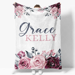 Aperturee - Aperturee Personalized Name Blanket for Girl Custom Baby Blanket with Maroon Rose Pink Floral Nursery Decor Swaddle