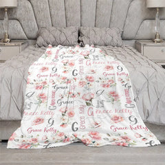 Aperturee - Aperturee Personalized Name Blanket for Girl Custom Baby Blanket with Pink Rose Watercolor Floral Nursery Decor Swaddle