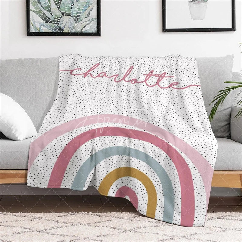 Aperturee - Aperturee Personalized Name Blanket for Girl Custom Boho Rainbow Polka Dot Pastel Nursery Swaddle Decor