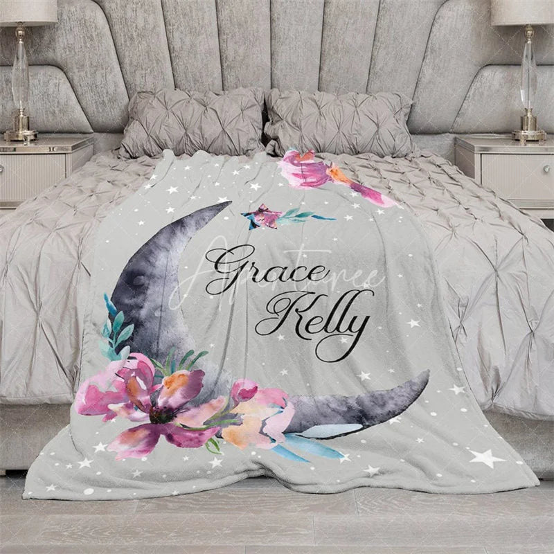 Aperturee - Aperturee Personalized Name Blanket for Girl Custom Moon and Stars Grey and Pink Floral Nursery Decor Swaddle