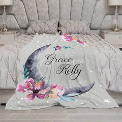 Aperturee - Aperturee Personalized Name Blanket for Girl Custom Moon and Stars Grey and Pink Floral Nursery Decor Swaddle