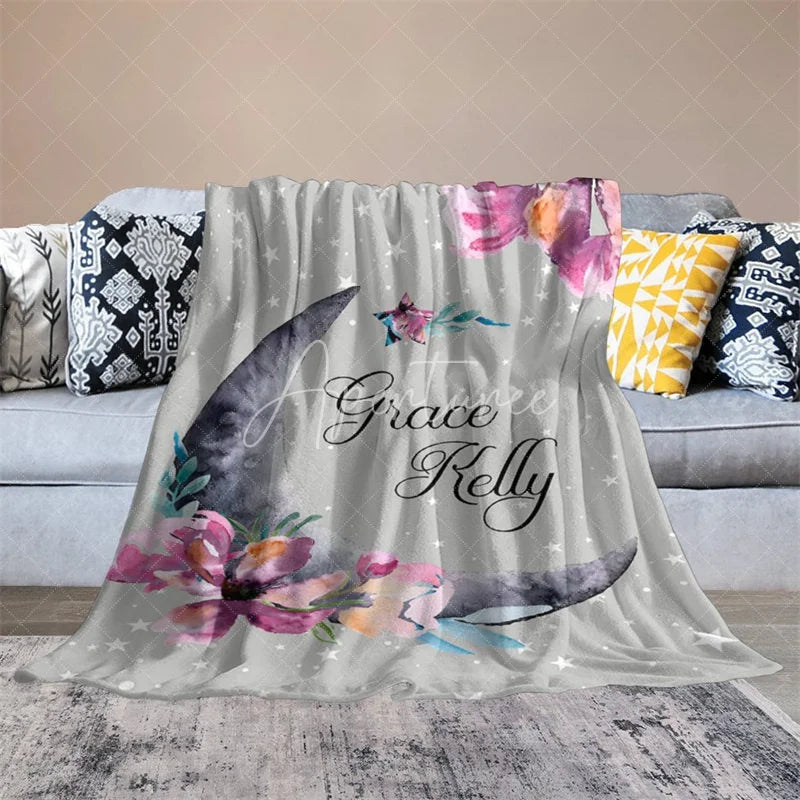 Aperturee - Aperturee Personalized Name Blanket for Girl Custom Moon and Stars Grey and Pink Floral Nursery Decor Swaddle