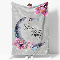 Aperturee - Aperturee Personalized Name Blanket for Girl Custom Moon and Stars Grey and Pink Floral Nursery Decor Swaddle