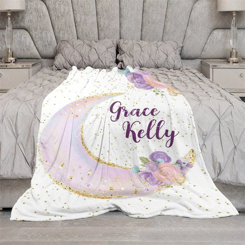 Aperturee - Aperturee Personalized Name Blanket for Girl Custom Moon and Stars Pastel Floral Nursery Decor Swaddle