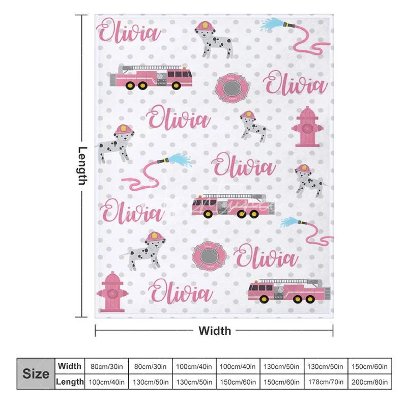 Aperturee - Aperturee Personalized Name Blanket for Girl Custom Pink Fire Truck Dalmatian Dog Firefighter Baby Swaddle