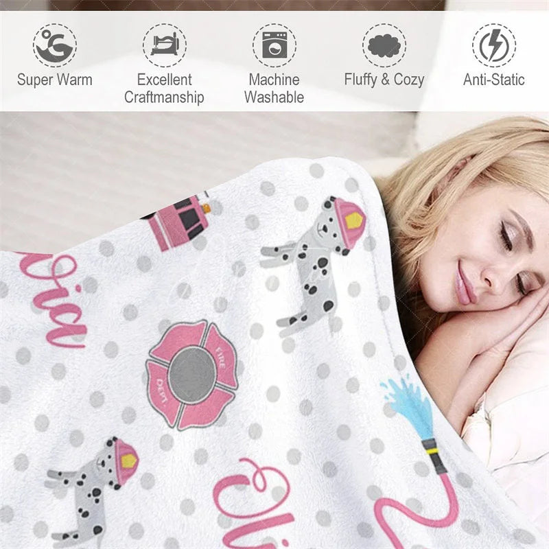 Aperturee - Aperturee Personalized Name Blanket for Girl Custom Pink Fire Truck Dalmatian Dog Firefighter Baby Swaddle