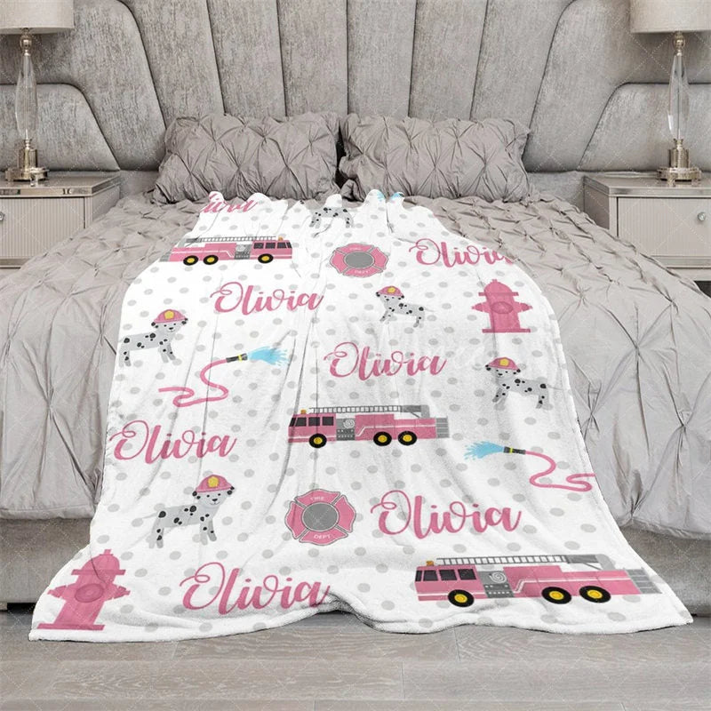 Aperturee - Aperturee Personalized Name Blanket for Girl Custom Pink Fire Truck Dalmatian Dog Firefighter Baby Swaddle