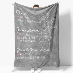 Aperturee - Aperturee Personalized Name Blanket for Mom Grandma Custom Kids Names Est Date Floral Throw Mother’s Day Family Gift