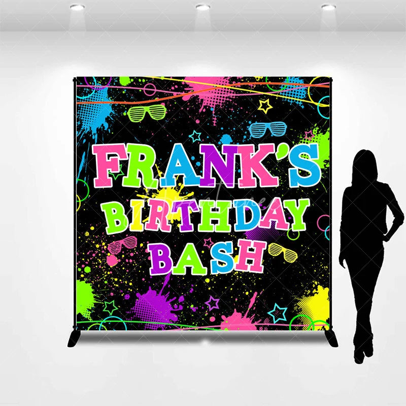 Aperturee - Aperturee Personalized Neon Glow Birthday Bash Backdrop 80s 90s Paint Splatter Theme Custom Name Blacklight Party