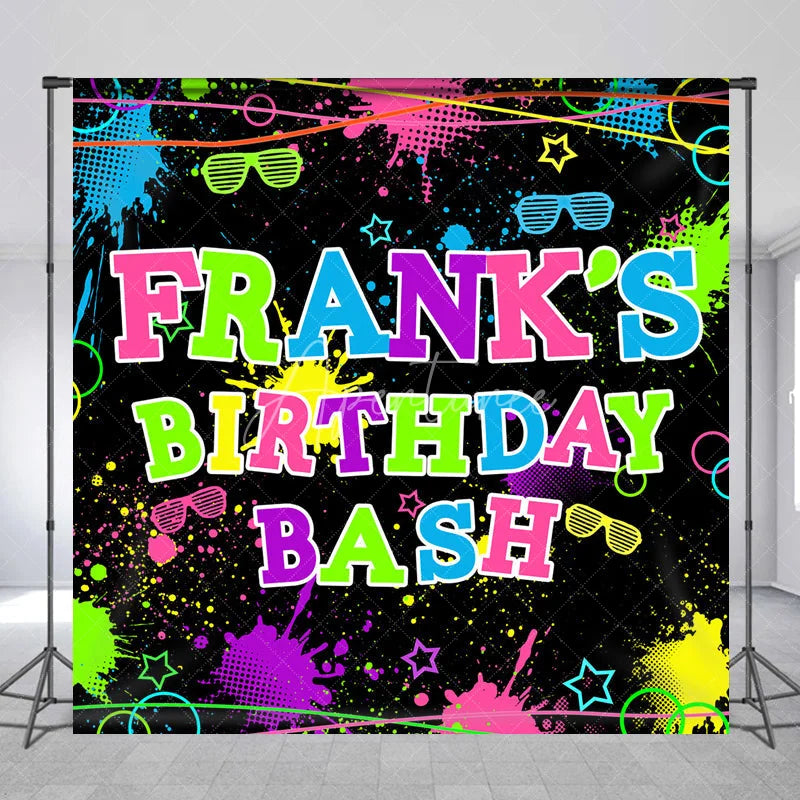 Aperturee - Aperturee Personalized Neon Glow Birthday Bash Backdrop 80s 90s Paint Splatter Theme Custom Name Blacklight Party