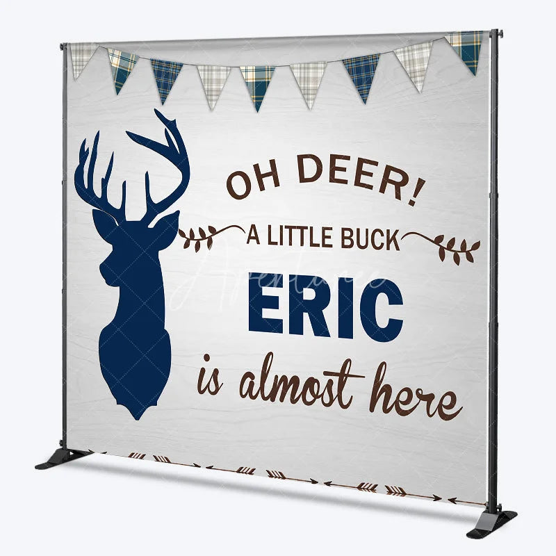 Aperturee - Aperturee Personalized Oh Deer Baby Shower Backdrop A Little Buck is Almost Here Woodland Deer Theme for Boy