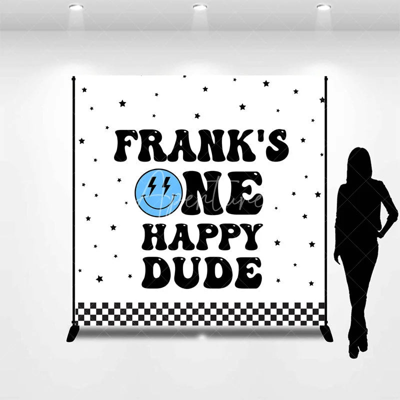 Aperturee - Aperturee Personalized One Happy Dude First Birthday Backdrop Groovy Retro Smiley Face Custom Name Party for Boy