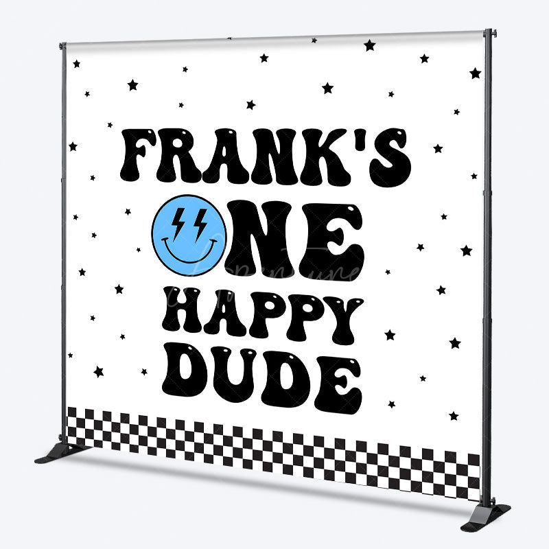 Aperturee - Aperturee Personalized One Happy Dude First Birthday Backdrop Groovy Retro Smiley Face Custom Name Party for Boy