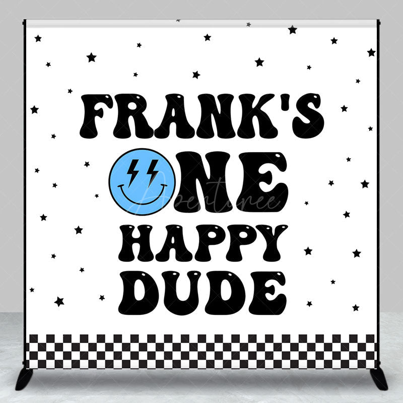 Aperturee - Aperturee Personalized One Happy Dude First Birthday Backdrop Groovy Retro Smiley Face Custom Name Party for Boy