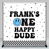 Aperturee - Aperturee Personalized One Happy Dude First Birthday Backdrop Groovy Retro Smiley Face Custom Name Party for Boy