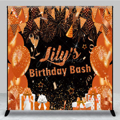 Aperturee - Aperturee Personalized Orange and Gold Birthday Bash Backdrop Glitter Balloons and Fireworks Custom Name Party Decor