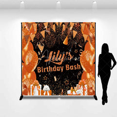 Aperturee - Aperturee Personalized Orange and Gold Birthday Bash Backdrop Glitter Balloons and Fireworks Custom Name Party Decor