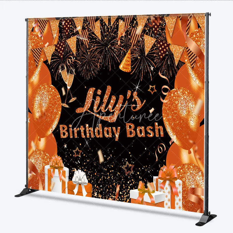 Aperturee - Aperturee Personalized Orange and Gold Birthday Bash Backdrop Glitter Balloons and Fireworks Custom Name Party Decor