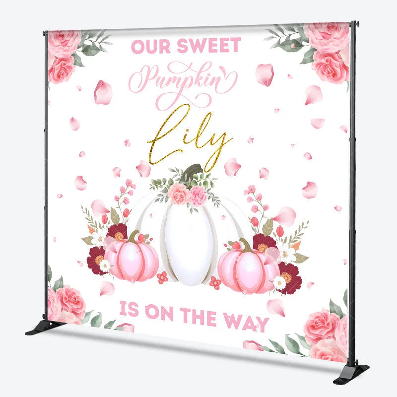 Aperturee - Aperturee Personalized Our Sweet Pumpkin is on the Way Backdrop Pink and White Floral Custom Name Girl Baby Shower Decor