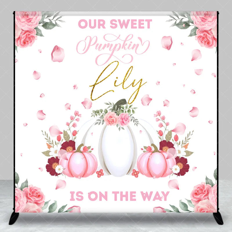 Aperturee - Aperturee Personalized Our Sweet Pumpkin is on the Way Backdrop Pink and White Floral Custom Name Girl Baby Shower Decor