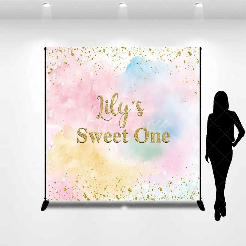 Aperturee - Aperturee Personalized Pastel Watercolor Custom Birthday Backdrop Gold Glitter Sweet One Girls Party Photography Background