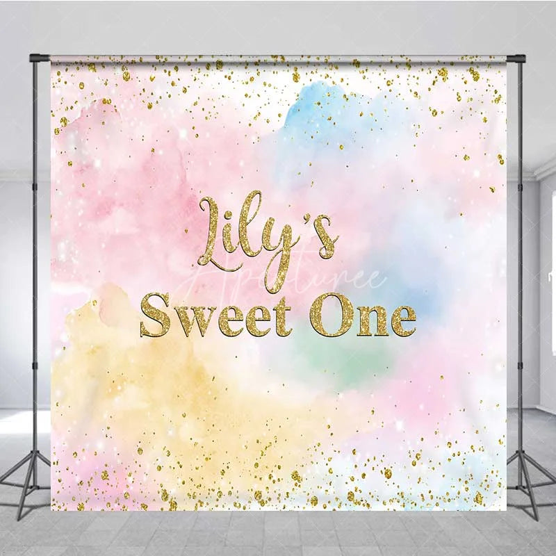 Aperturee - Aperturee Personalized Pastel Watercolor Custom Birthday Backdrop Gold Glitter Sweet One Girls Party Photography Background