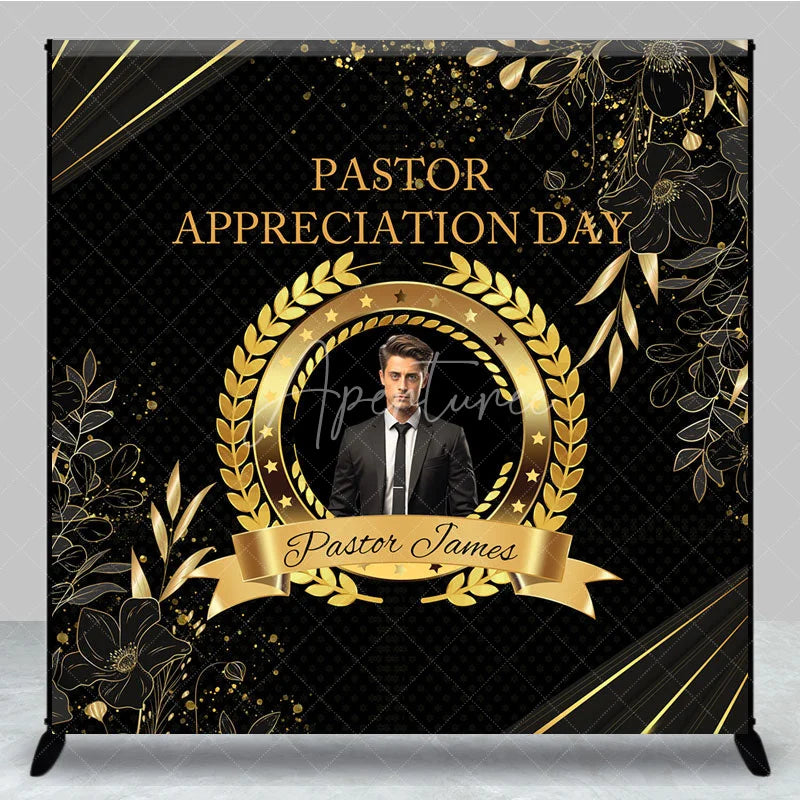 Aperturee - Aperturee Personalized Pastor Appreciation Day Backdrop Add Your Photo with Black and Gold Elegant Church Event Decor