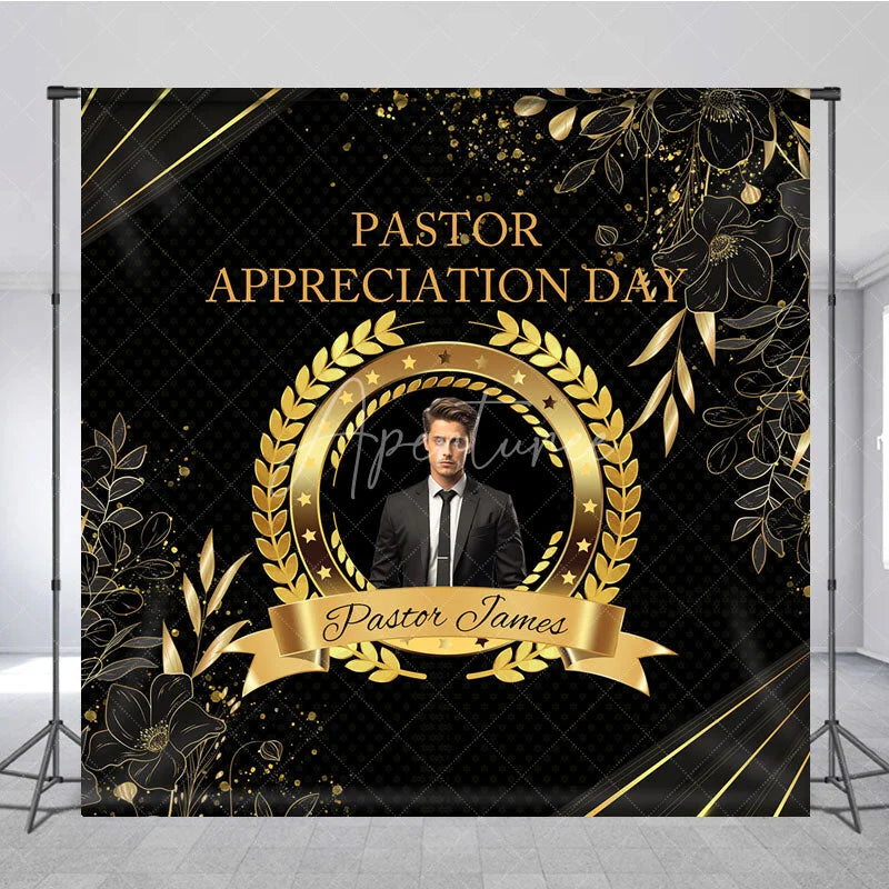 Aperturee - Aperturee Personalized Pastor Appreciation Day Backdrop Add Your Photo with Black and Gold Elegant Church Event Decor
