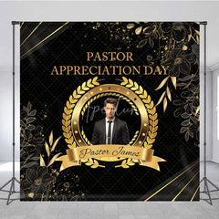 Aperturee - Aperturee Personalized Pastor Appreciation Day Backdrop Add Your Photo with Black and Gold Elegant Church Event Decor