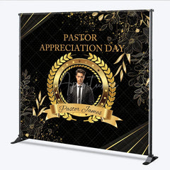 Aperturee - Aperturee Personalized Pastor Appreciation Day Backdrop Add Your Photo with Black and Gold Elegant Church Event Decor