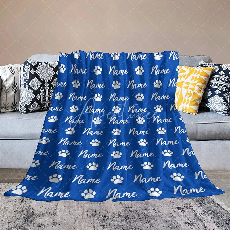 Aperturee - Aperturee Personalized Pet Blanket with Custom Name and Paw Prints for Dogs and Cats Blue Cozy Pet Bed Throw