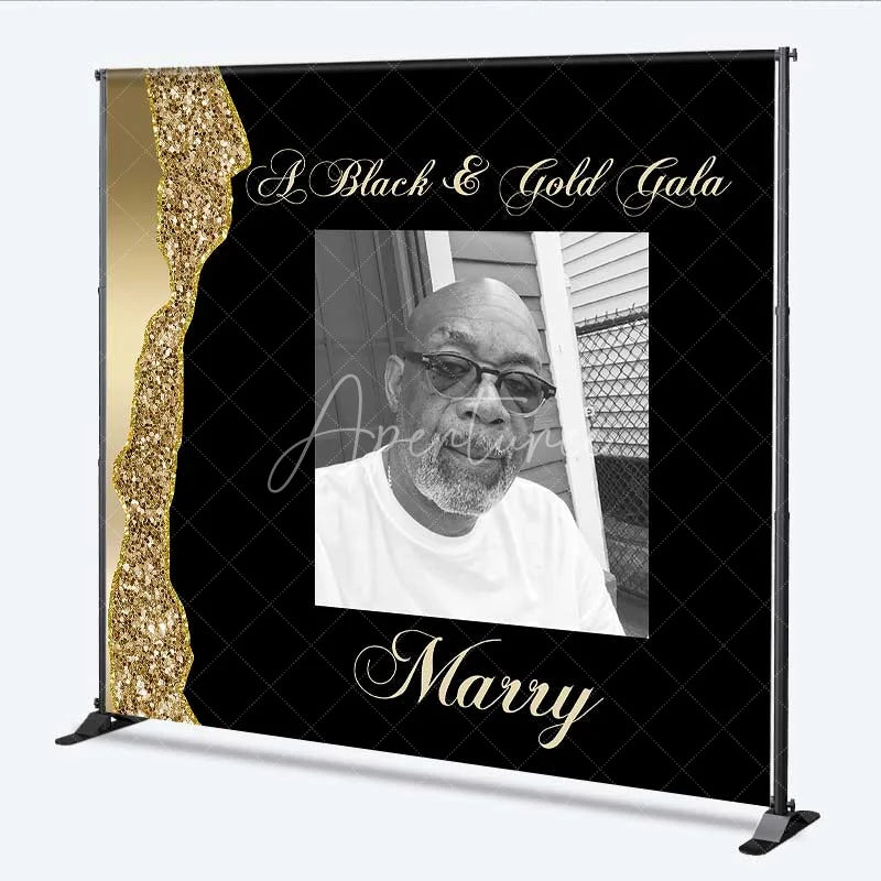 Aperturee - Aperturee Personalized Photo Custom Birthday Backdrop Black and Gold Glitter Gala Men Women Party Photography Background