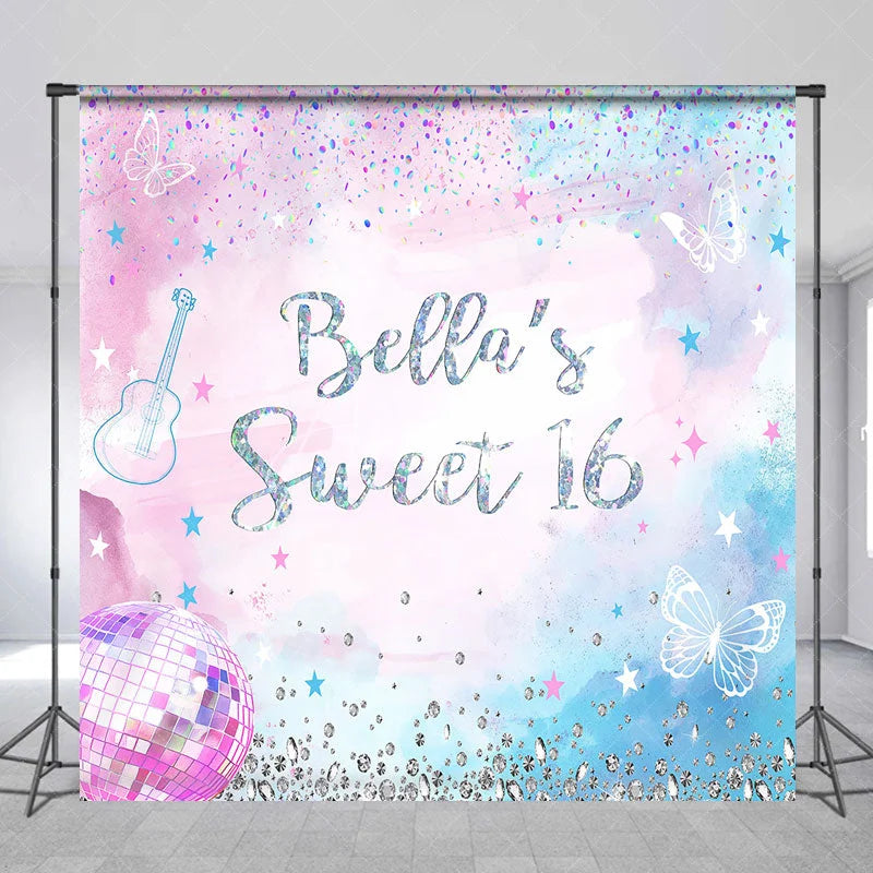 Aperturee - Aperturee Personalized Pink and Blue Glitter Sweet Sixteen Custom Backdrop with Butterflies and Disco Ball for Birthday Party