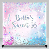 Aperturee - Aperturee Personalized Pink and Blue Glitter Sweet Sixteen Custom Backdrop with Butterflies and Disco Ball for Birthday Party