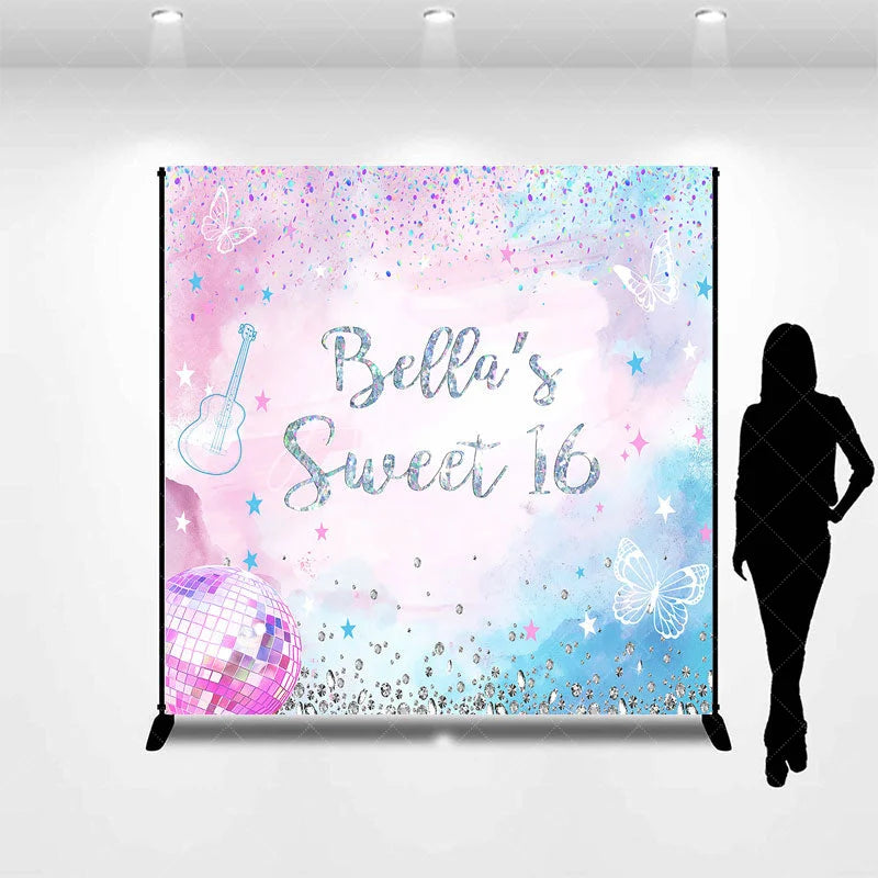 Aperturee - Aperturee Personalized Pink and Blue Glitter Sweet Sixteen Custom Backdrop with Butterflies and Disco Ball for Birthday Party