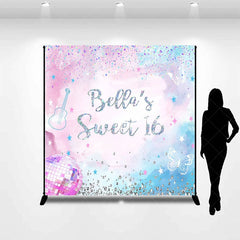 Aperturee - Aperturee Personalized Pink and Blue Glitter Sweet Sixteen Custom Backdrop with Butterflies and Disco Ball for Birthday Party