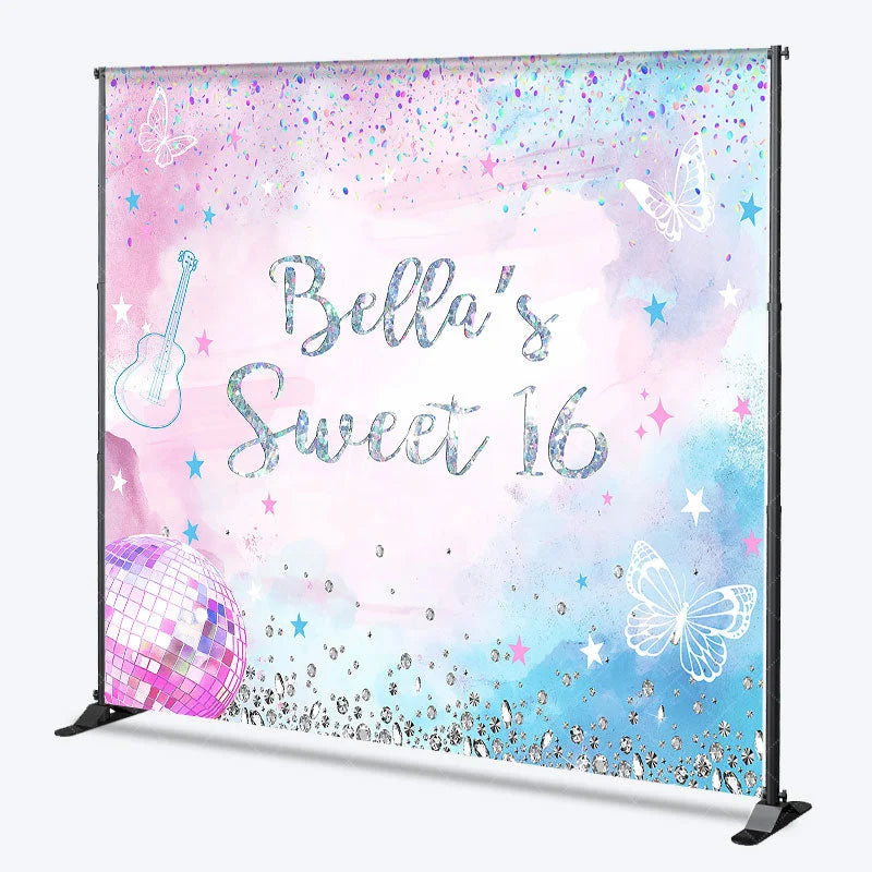 Aperturee - Aperturee Personalized Pink and Blue Glitter Sweet Sixteen Custom Backdrop with Butterflies and Disco Ball for Birthday Party