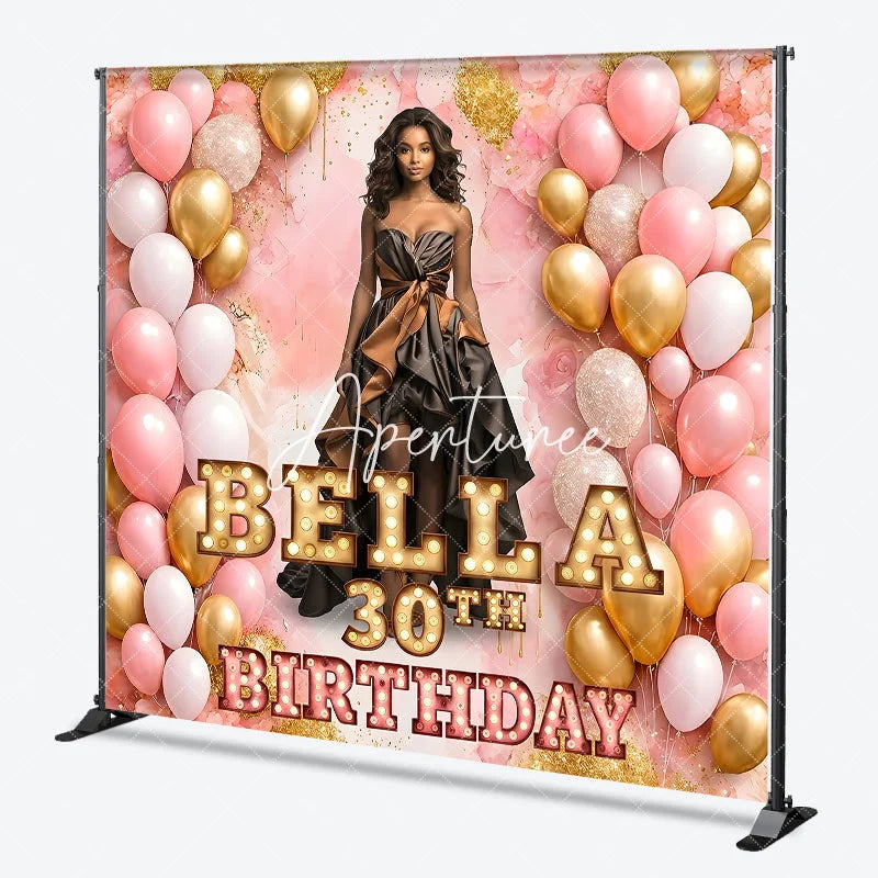 Aperturee - Aperturee Personalized Pink and Gold Balloons Birthday Custom Backdrop Elegant Woman in Gown Celebration Banner
