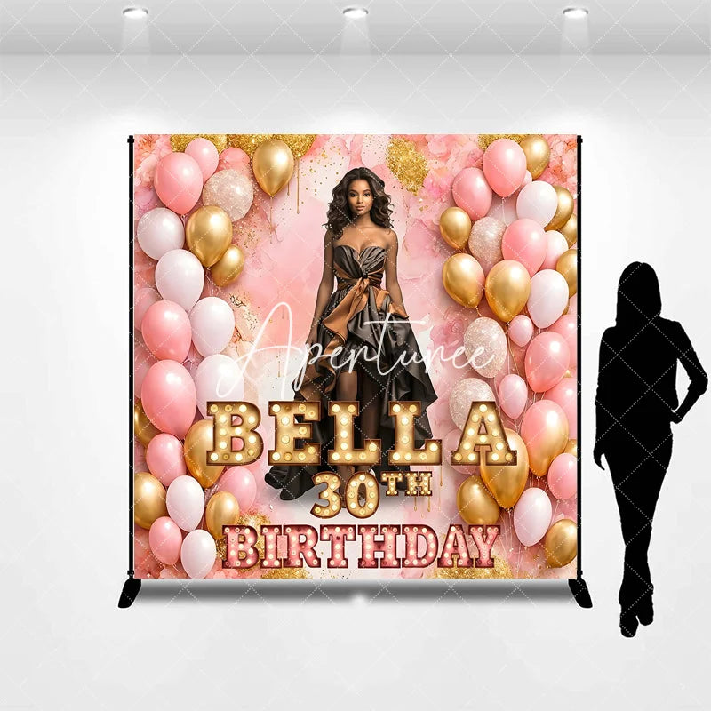 Aperturee - Aperturee Personalized Pink and Gold Balloons Birthday Custom Backdrop Elegant Woman in Gown Celebration Banner
