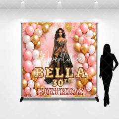 Aperturee - Aperturee Personalized Pink and Gold Balloons Birthday Custom Backdrop Elegant Woman in Gown Celebration Banner