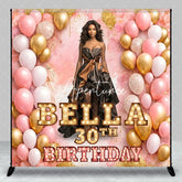 Aperturee - Aperturee Personalized Pink and Gold Balloons Birthday Custom Backdrop Elegant Woman in Gown Celebration Banner