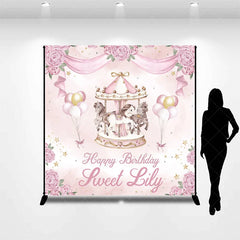 Aperturee - Aperturee Personalized Pink and Gold Carousel Custom Backdrop with Whimsical Horses and Peonies for Birthday Party Decor